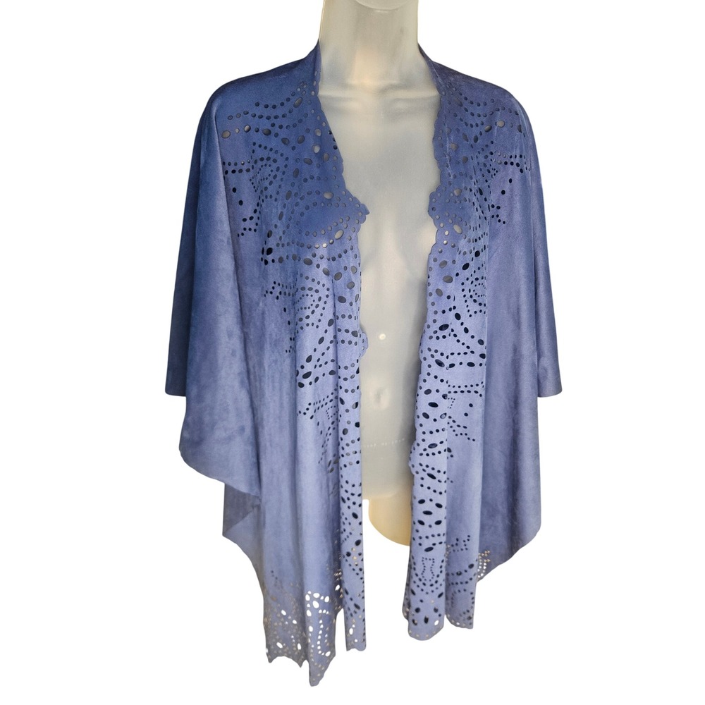 Chicos Faux Suede Laser Cut Eyelet Wrap Shawl Periwinkle Blue OS Scalloped‎ Edge